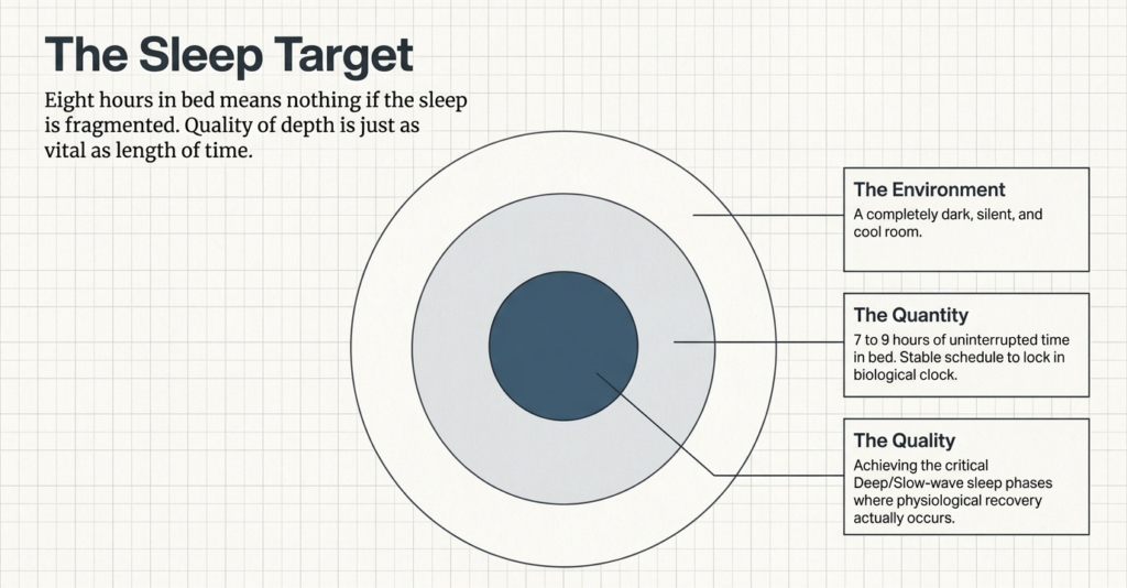 Infographic showing three key sleep factors for muscle recovery including sleep environment, sleep duration of 7–9 hours, and deep sleep quality.