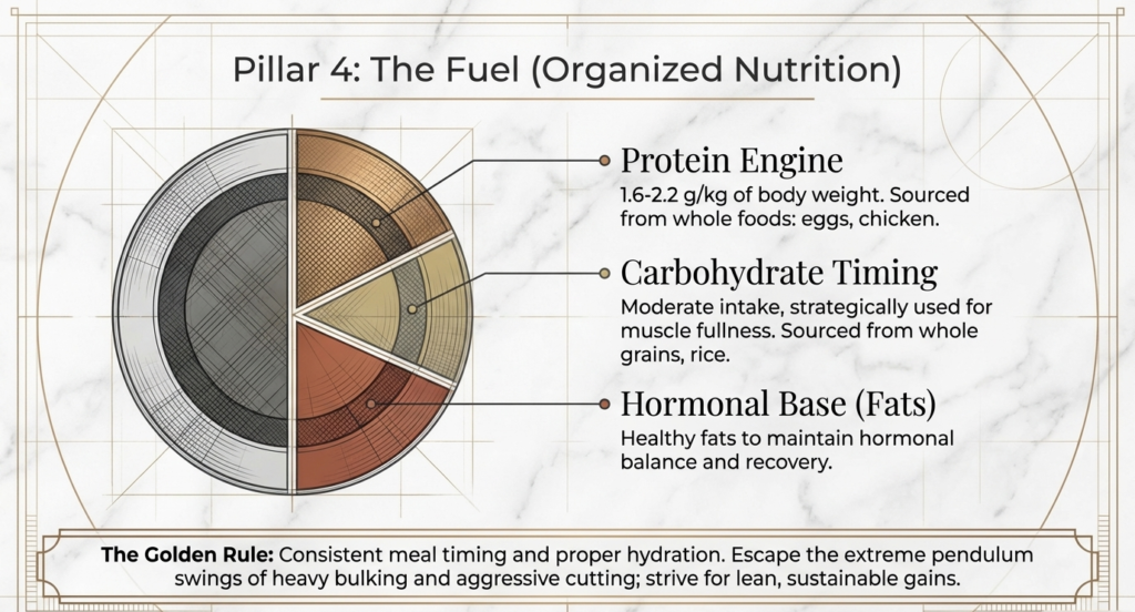 Diagram showing protein, carbs, and fats distribution for muscle growth and recovery