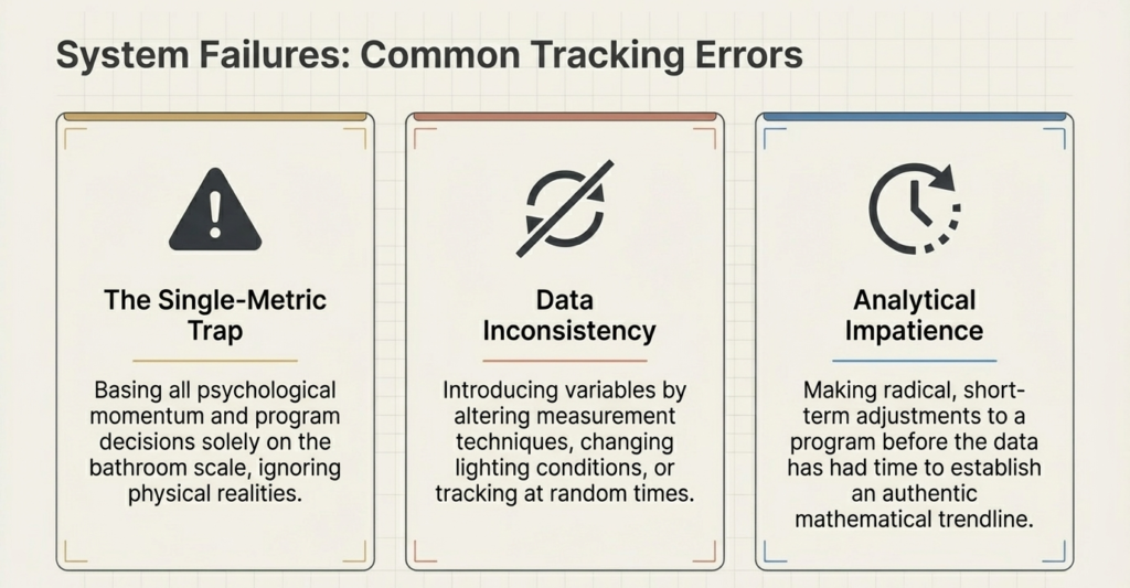 infographic showing single metric trap data inconsistency and impatience errors in tracking progress