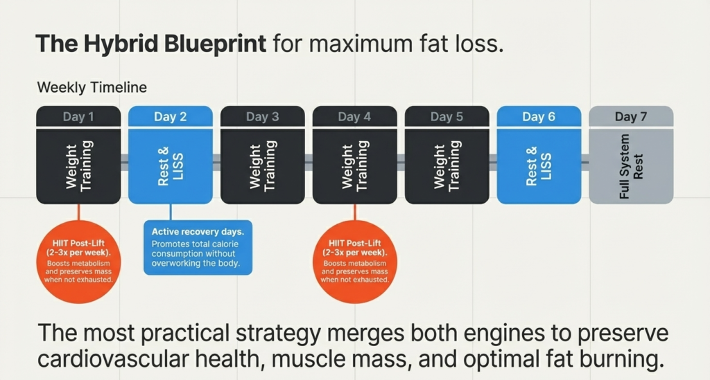 Weekly workout schedule combining HIIT strength training LISS and rest days