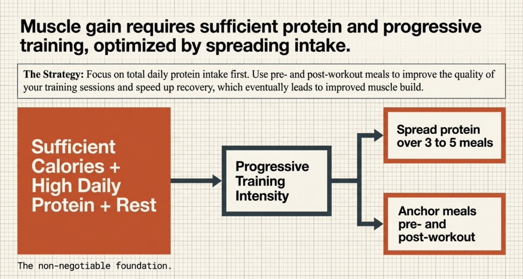Diagram showing importance of protein, calories, rest and progressive training for muscle growth