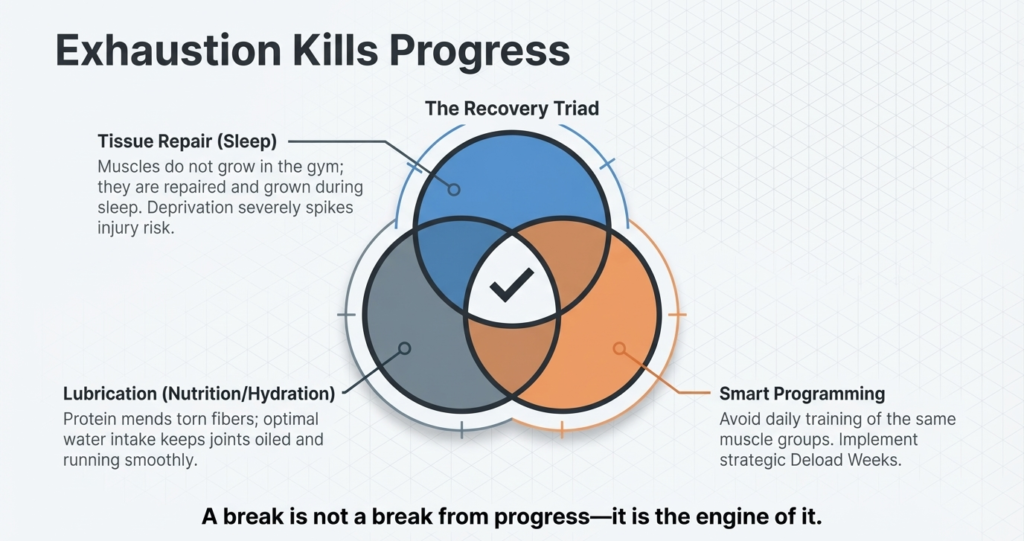 Diagram showing recovery triad including sleep, nutrition, hydration, and smart training programming