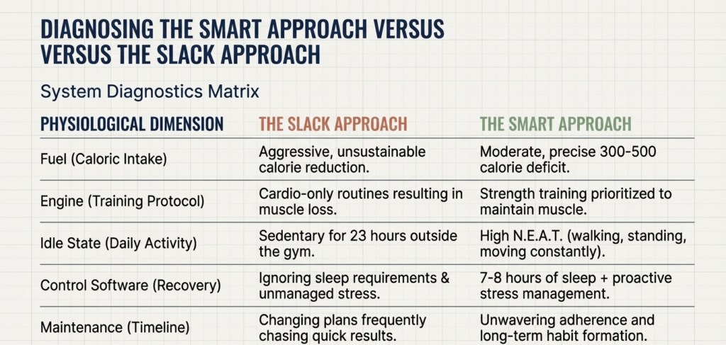 table comparing smart fat loss approach vs slack approach including calorie deficit training activity recovery and consistency