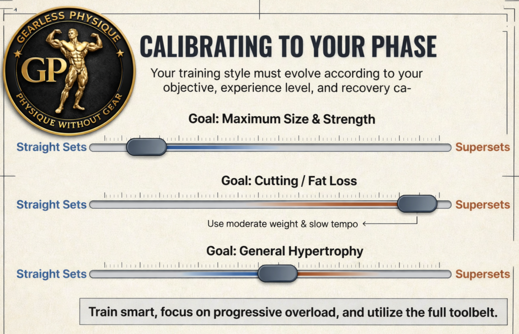 Diagram showing when to use straight sets vs supersets for strength fat loss and hypertrophy phases, supersets vs straight sets, muscle growth strategies, how to use supersets and straight sets together, Supersets vs Straight Sets for Muscle Growth.