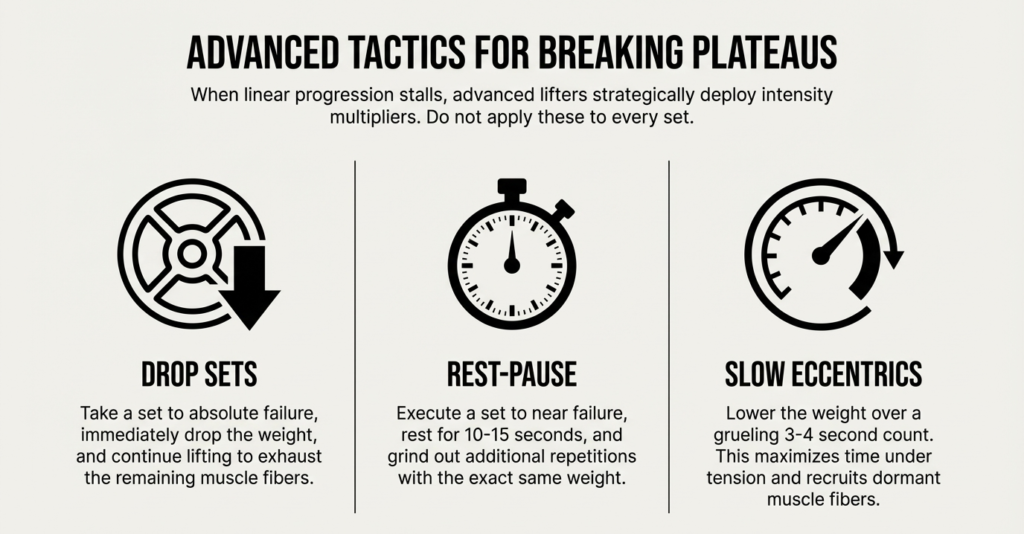 Fitness infographic explaining drop sets, rest pause training, and slow eccentric repetitions for advanced hypertrophy training