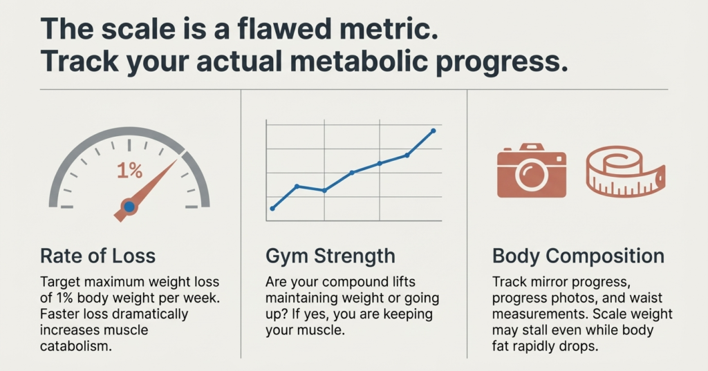 Fitness infographic explaining better fat-loss tracking methods including weekly weight-loss rate, gym strength progression, and body composition measurements.