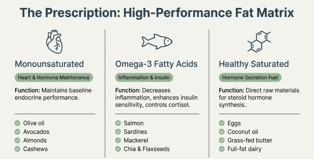 Infographic showing three essential fat categories for hormonal health: monounsaturated fats, omega-3 fatty acids, and healthy saturated fats with food sources.