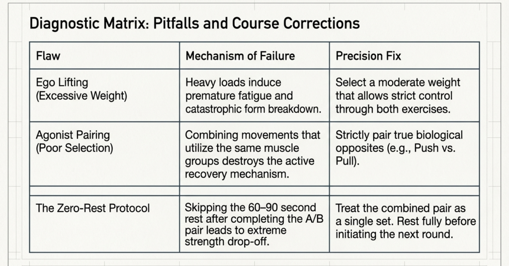 Fitness diagnostic chart explaining common mistakes in antagonist supersets including ego lifting, poor muscle pairing, and skipping rest periods.
