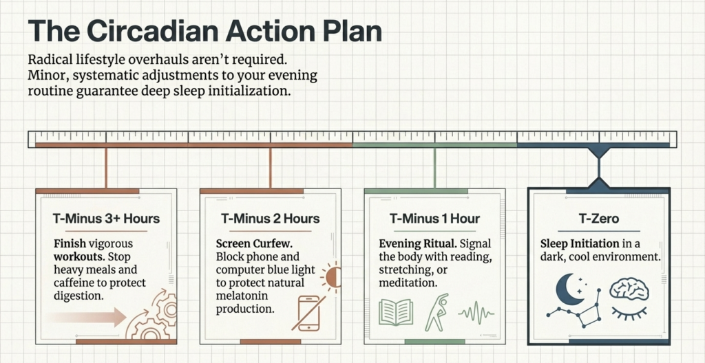 Timeline infographic showing a circadian sleep routine including stopping workouts 3 hours before bed, limiting screens 2 hours before sleep, and relaxing rituals before bedtime.