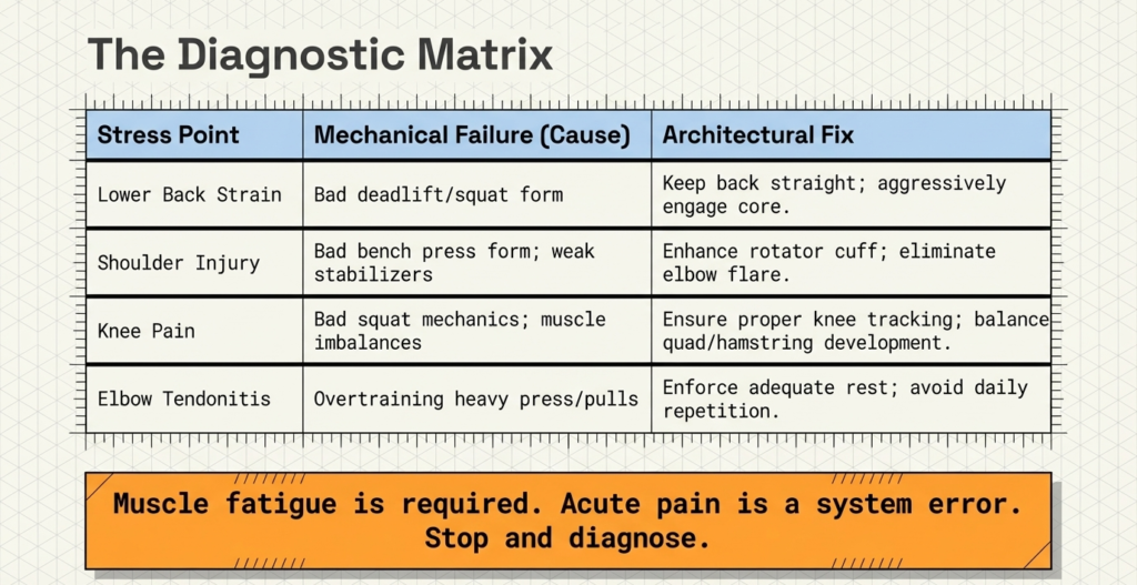 Table showing common lifting injuries, causes, and corrective techniques for safe training