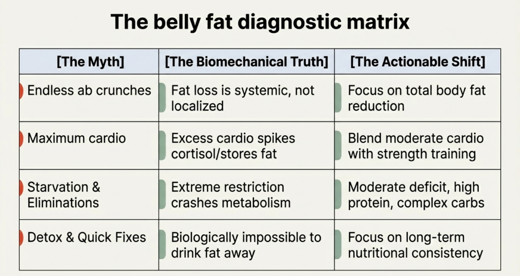 Table comparing common belly fat myths with scientific truths and solutions