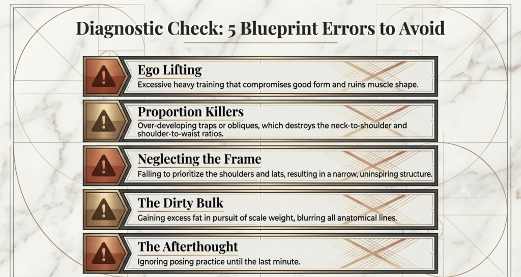List showing mistakes like ego lifting, dirty bulking, and neglecting posing