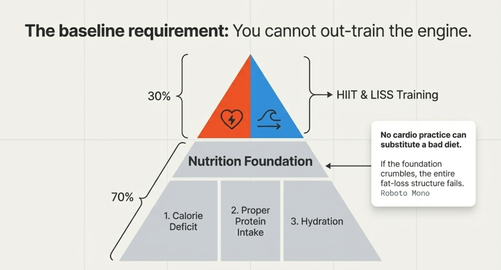 Nutrition foundation with calorie deficit protein and hydration supporting HIIT and LISS