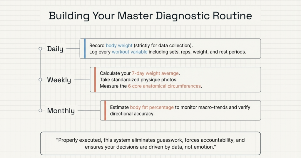 structured routine showing daily weight tracking weekly photos and monthly body fat analysis