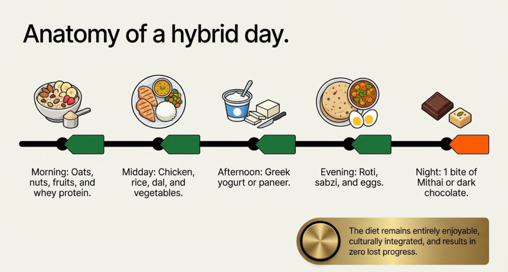 Daily meal plan showing oats, chicken, paneer, roti, and dessert balance