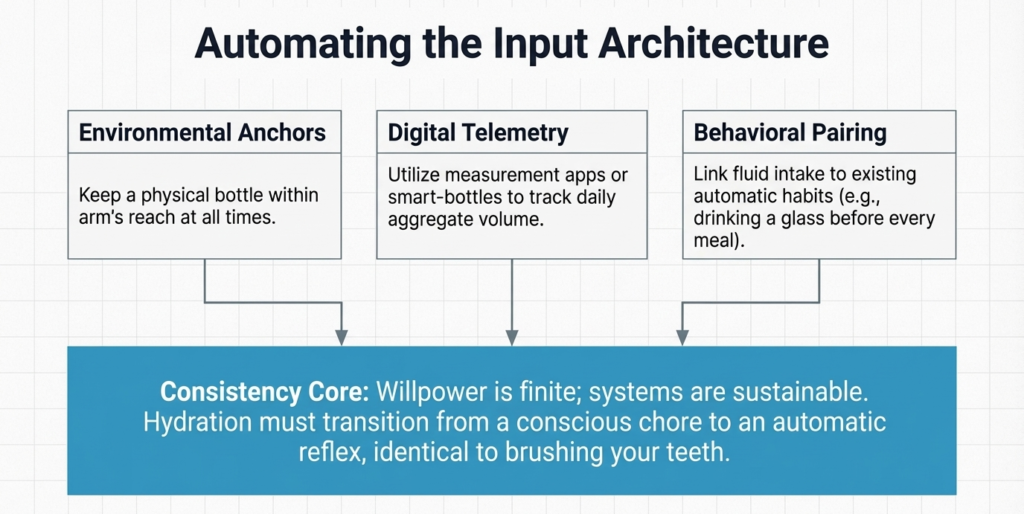system showing hydration habits using environment cues, tracking apps and behavior pairing