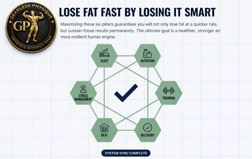 fat loss system diagram showing six pillars including sleep nutrition training stress management neat and recovery with gearless physique logo