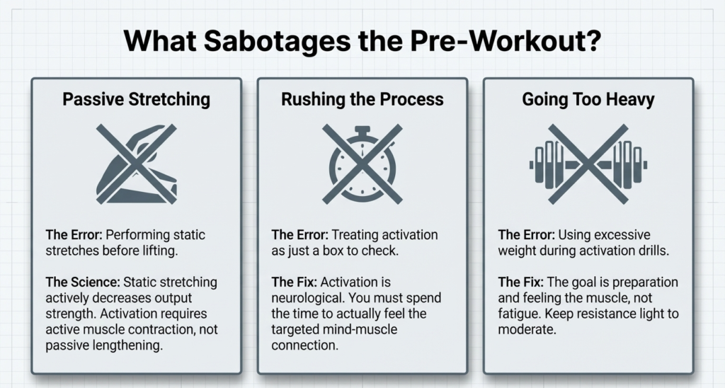Passive stretching rushing and heavy activation mistakes infographic