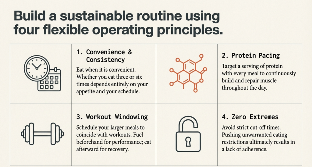 Four principles of sustainable meal timing including consistency, protein pacing and workout nutrition