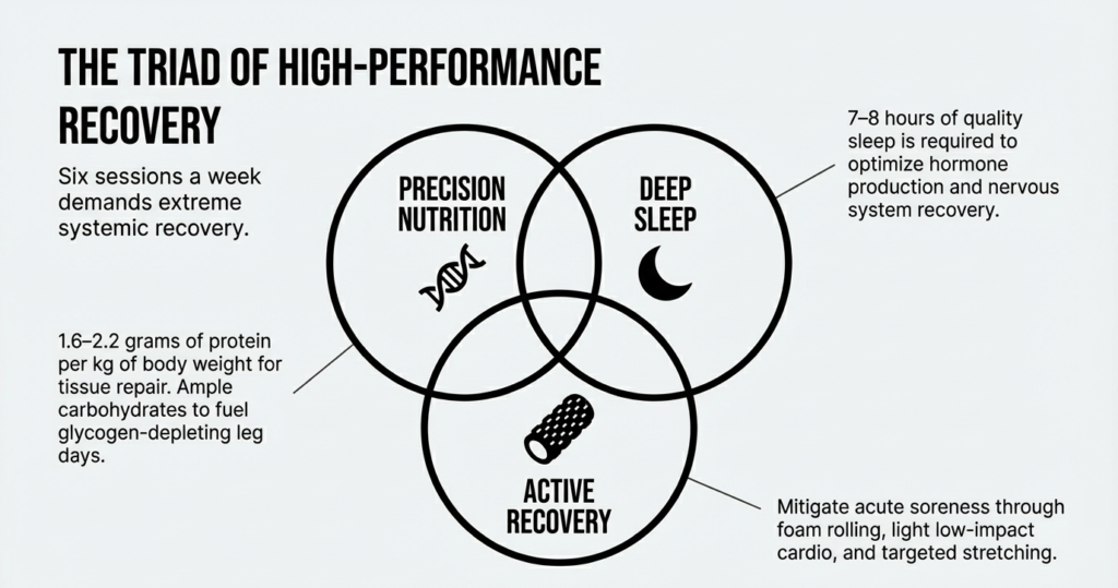 Recovery infographic showing precision nutrition, deep sleep, and active recovery as the three pillars of optimal muscle recovery