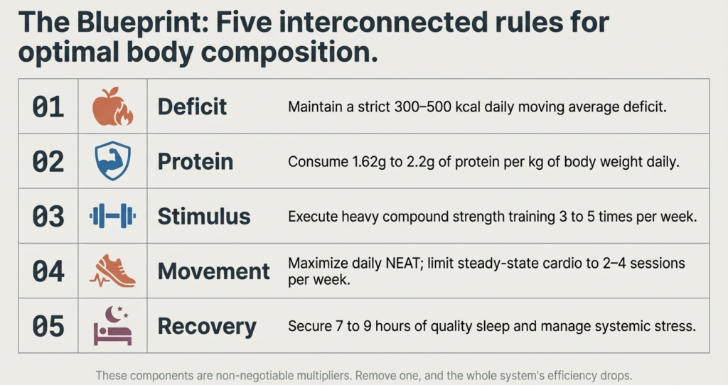 Infographic outlining five essential fat-loss rules including calorie deficit, high protein intake, strength training stimulus, daily movement, and proper recovery.