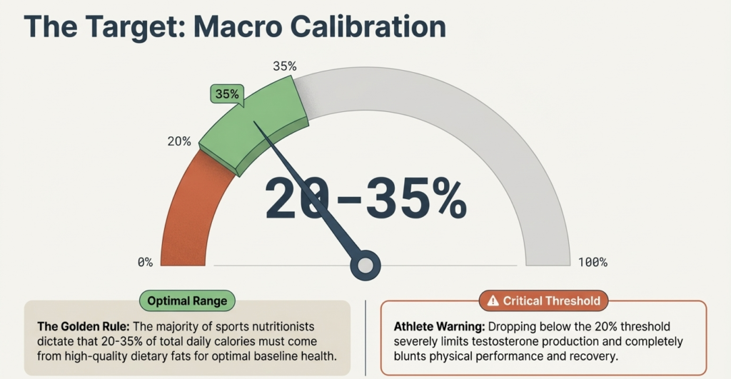 Gauge chart showing optimal dietary fat intake between 20–35 percent of daily calories for testosterone production, performance, and recovery.