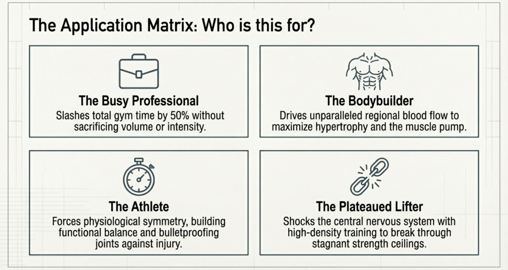 Infographic showing four types of athletes who benefit from antagonist supersets including busy professionals, bodybuilders, athletes, and plateaued lifters.