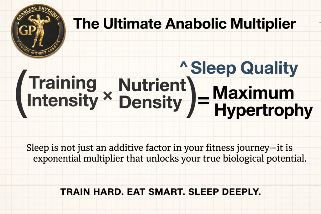 Infographic explaining muscle growth formula showing training intensity and nutrient density multiplied by sleep quality to achieve maximum hypertrophy.