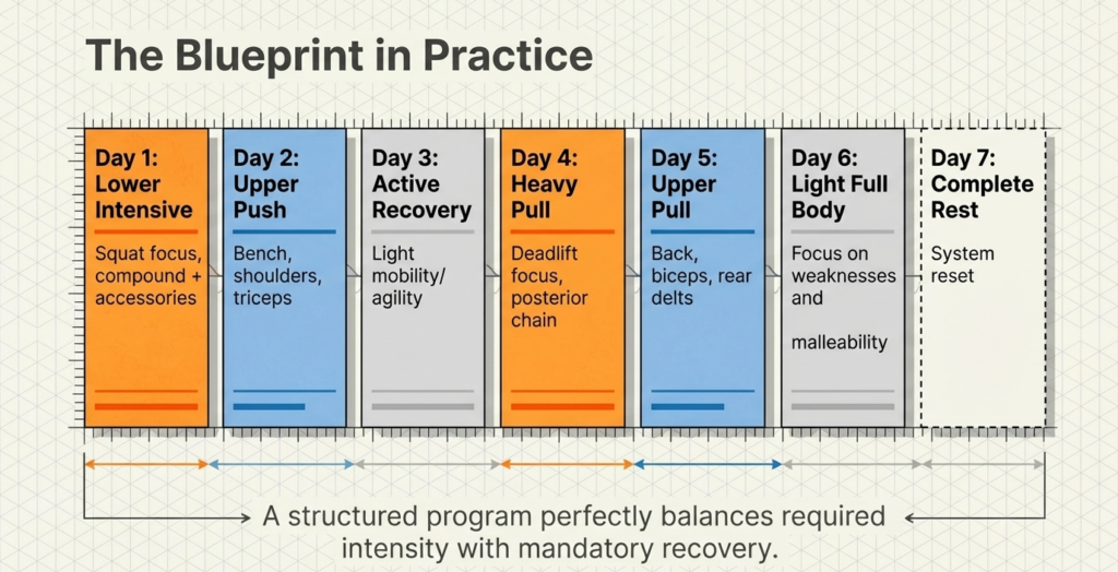 Weekly workout plan showing lower body, upper push, pull, recovery, and rest days