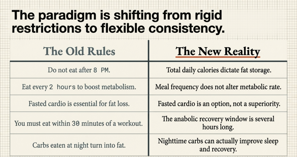 Comparison between outdated meal timing myths and evidence-based nutrition principles