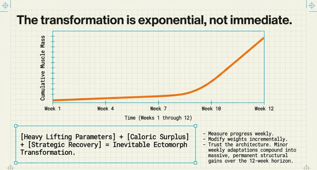 graph showing exponential muscle growth over 12 weeks with consistent training and diet