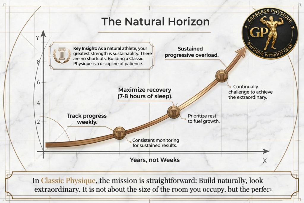 Graph showing gradual muscle growth over years with consistent training and recovery