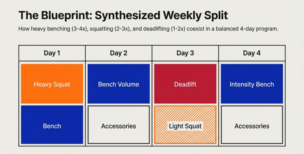 4 day split including squat bench deadlift frequency structure