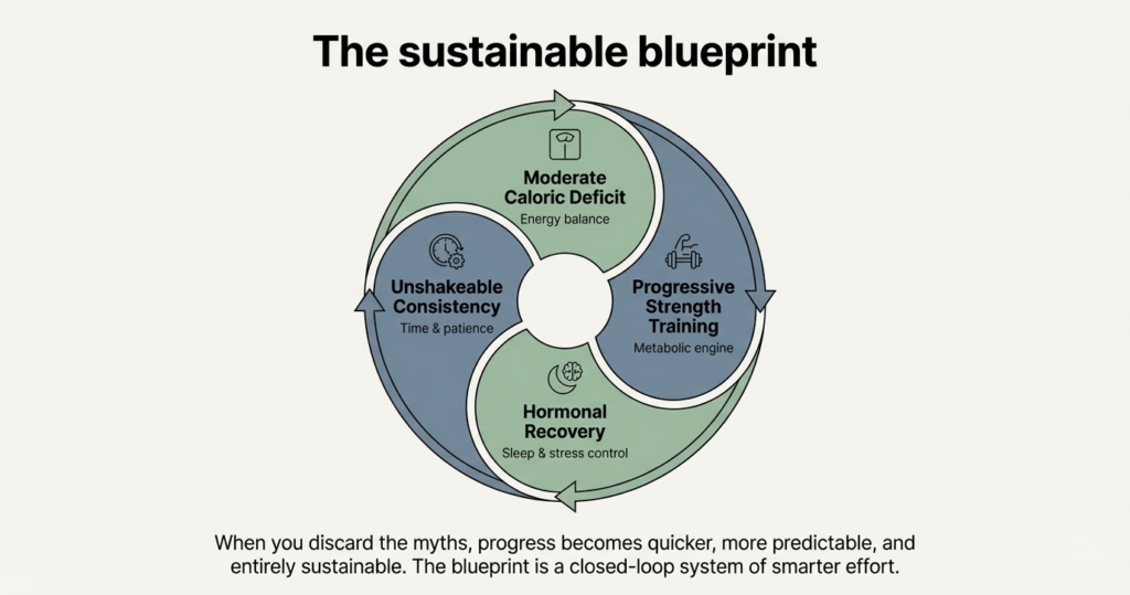 Diagram showing consistency, strength training, recovery, and calorie deficit