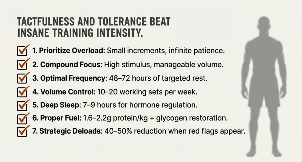 Checklist infographic outlining seven principles of smart strength training including progressive overload, compound lifts, recovery time, sleep, and proper nutrition.