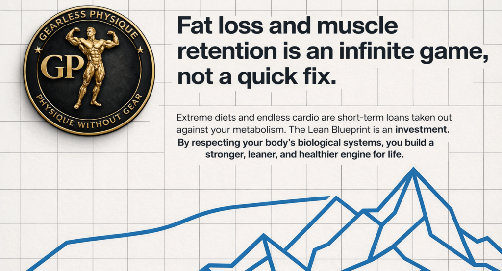 Fitness infographic explaining that fat loss and muscle retention require a long-term strategy, featuring a progress graph and the Gearless Physique circular logo placed in the top left corner.