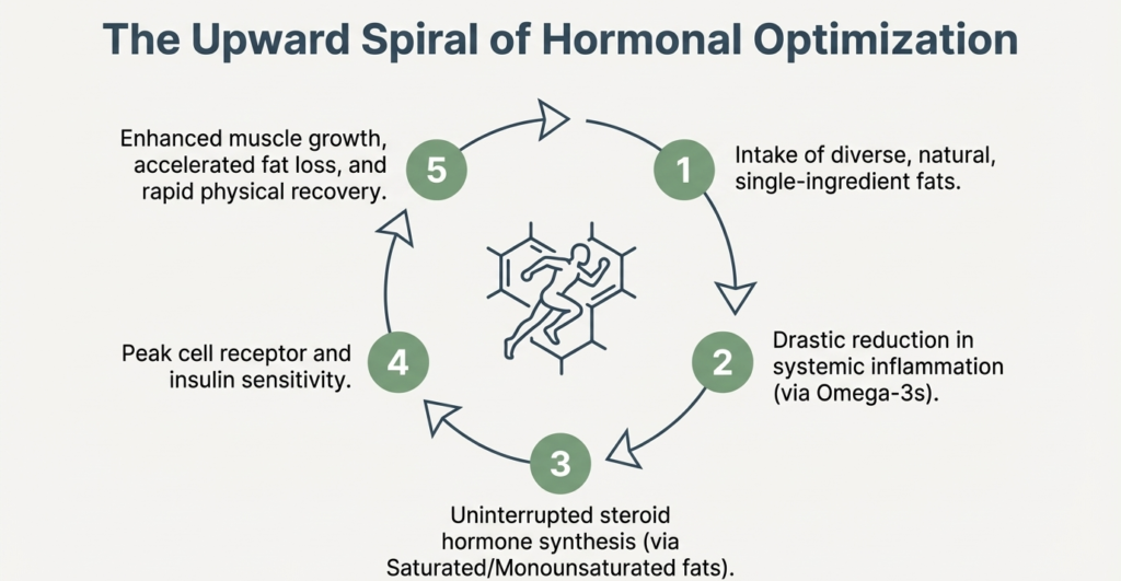 Diagram showing the cycle of hormonal optimization through natural fat intake, inflammation reduction, hormone synthesis, improved insulin sensitivity, and muscle growth.