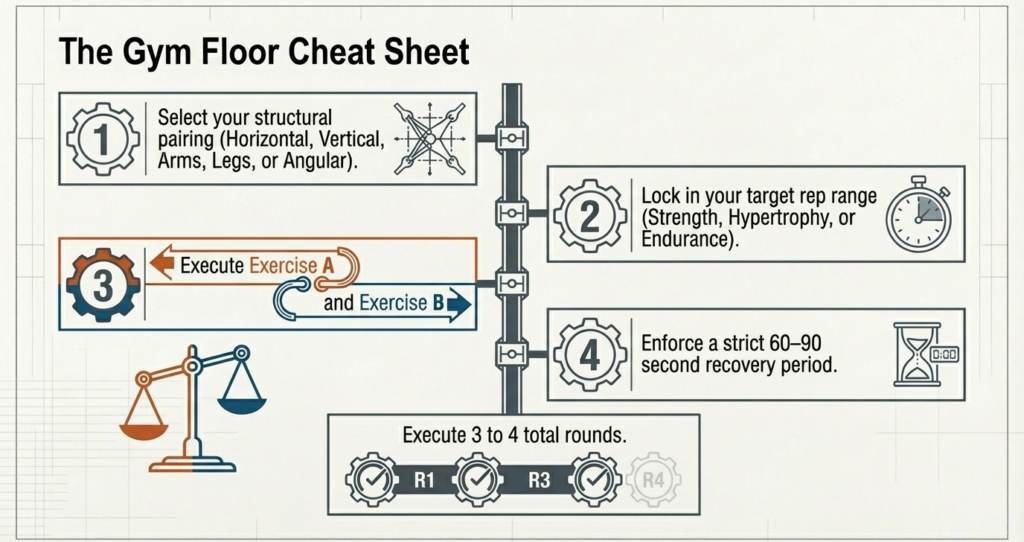 Step-by-step gym cheat sheet explaining how to perform antagonist supersets including exercise pairing, rep range selection, rest periods, and workout rounds.