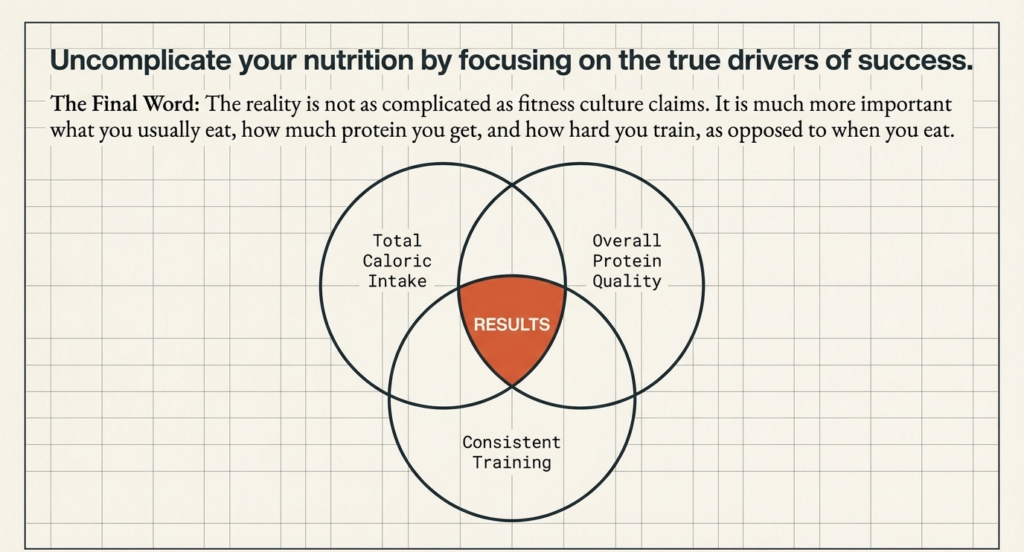 Venn diagram showing calorie intake, protein quality and training as key result drivers