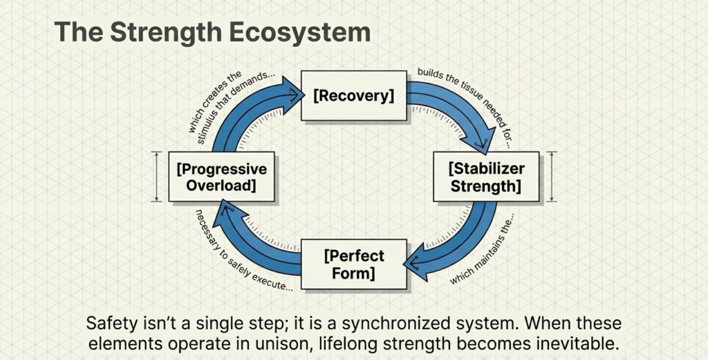 Circular diagram showing progressive overload, recovery, form, and stabilizer strength cycle