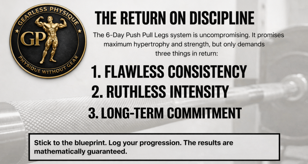 Motivational fitness graphic highlighting discipline principles including consistency intensity and long term commitment in a PPL workout program