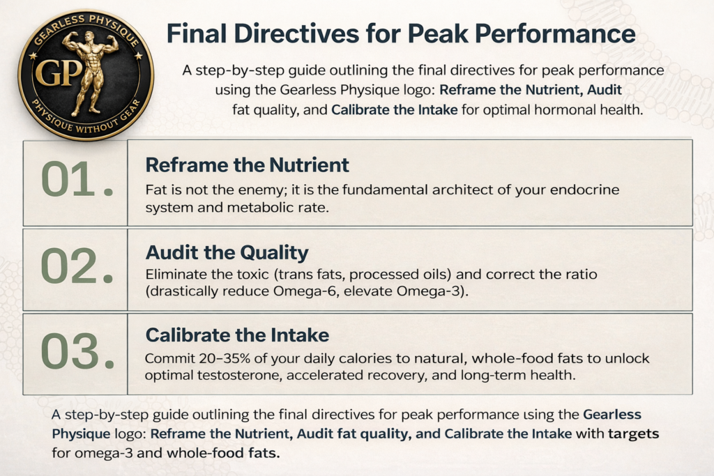 Infographic showing three final nutrition directives for peak performance—reframe dietary fat, eliminate trans fats and processed oils, and maintain 20–35% healthy fat intake for hormonal balance.