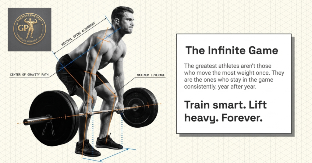 Athlete performing deadlift with highlighted alignment, center of gravity, and leverage points