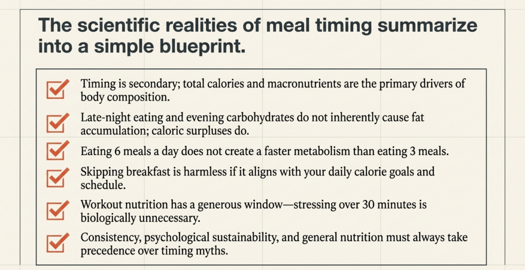 Checklist summarizing scientific truths about meal timing myths and nutrition