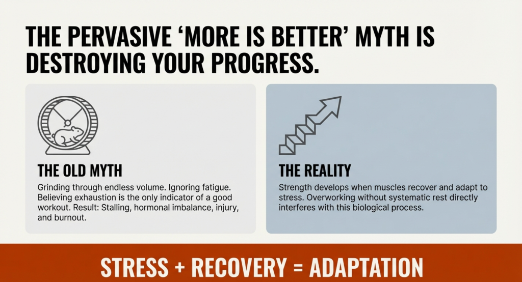Infographic comparing the myth of excessive workout volume with the reality that muscles grow stronger through recovery and adaptation.