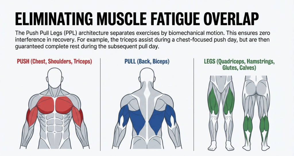 Push Pull Legs workout split diagram showing push muscles chest shoulders triceps, pull muscles back biceps, and leg muscles quads hamstrings glutes calves