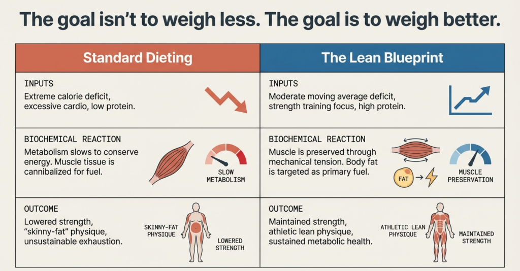Comparison infographic showing differences between extreme dieting and the lean blueprint approach for fat loss and muscle preservation.