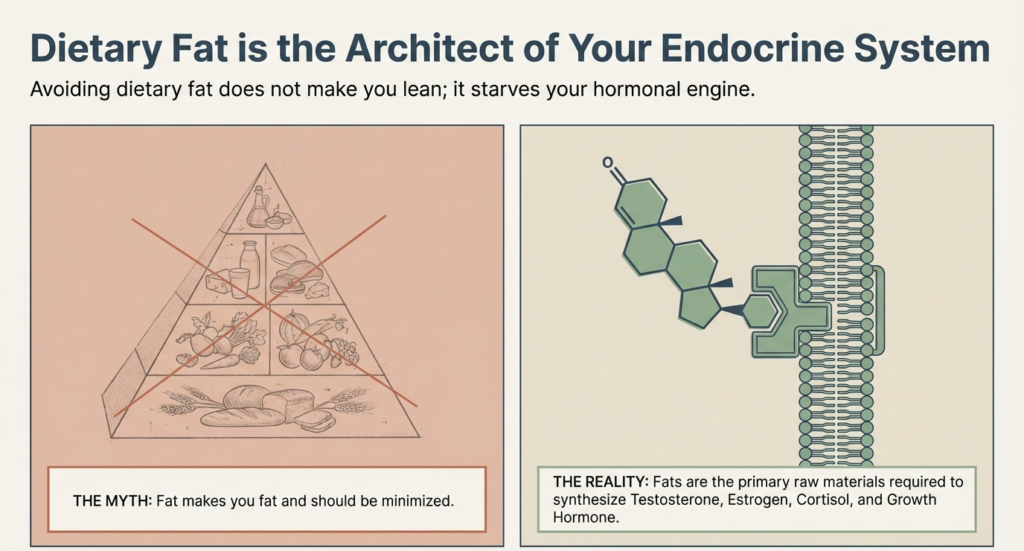 Infographic explaining that dietary fats are essential for hormone production including testosterone, estrogen, cortisol, and growth hormone.