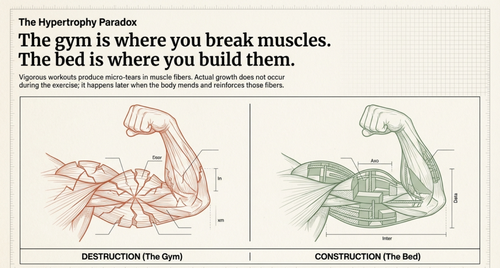 Illustration comparing muscle fiber damage during workouts and muscle repair during sleep to explain hypertrophy and recovery.