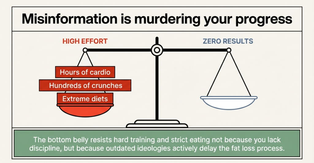 Fitness scale showing high effort like cardio and extreme dieting leading to zero results
